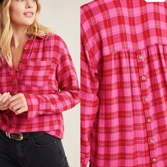 Anthropologie Isadora Women's Plaid popover Oversized Button Down Top Sz XS - Picture 14 of 14